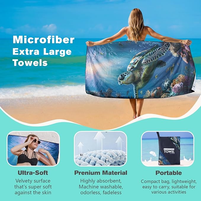 Sea Turtle Beach Towel Oversized 36" x 72", Thin Lightweight Sand Free Quick Dry Microfiber Towel for Swimming Pool Cruise Camping Travel