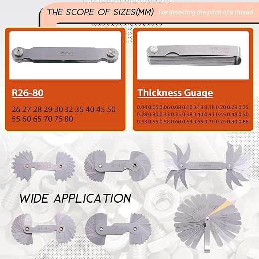 Tanstic 6Pcs Stainless Steel Feeler Gauge and Radius Gauge Set, 5Pcs R0.3-1.5/ R1-6.5/ R7-14.5/ R15-25/ R25-50 Radius Fillet Gauge with 32 Blades 0.04-0.88 mm Metric and Imperial Gap Measuring Tool