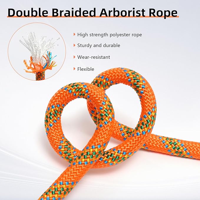 Climbing Rope, 1/2 Inch x 150 Feet Double Braided Arborist Rope Polyester for Outdoor, Climbing, Hiking, Swing, Tree Work, Halyard, Sailing etc(Orange)