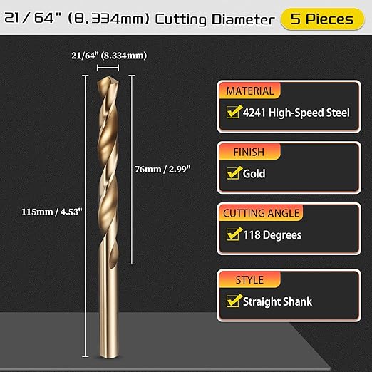 Drill Bit, 21/64" Cutting Diameter (8.334mm), 4241 HSS Gold 118° Cutting Angle Versatile Jobber Bits - (Applications: for Drilling Plastic Wood Soft Thin Metal), 5-Pieces