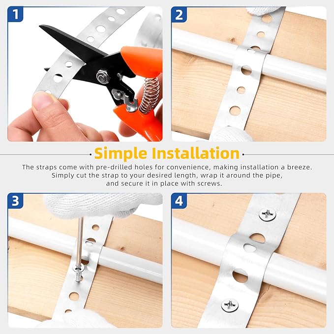 Glarks 54pcs 11/16inch x 10Feet Galvanized Metal Pipe Strap with Holes, Pipe Support Metal Strapping, Pipe Hanger Straps with 50pcs M4.2 M5 Screws, 1pcs Trimming Shear and Gloves