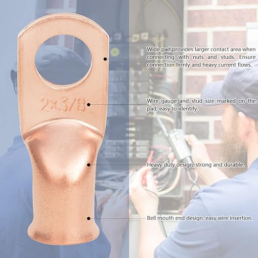 10PCS 2/0AWG - 3/8''Stud Heavy Duty Copper Terminals,Battery Cable Crimp Lugs,Battery Cable Ends,Bare Copper Eyelets Tubular Ring Terminals,Closed End Crimp Electric Connectors