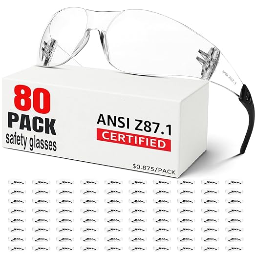 Clear Safety Glasses 80 PACK,ANSI Z87.1 Safety Glasses Bulk, Universal Fit,Impact and Scratch-Resistant Clear Eye Protection for men, Lab,Construction,Shooting Range,Woodworking,Outdoor