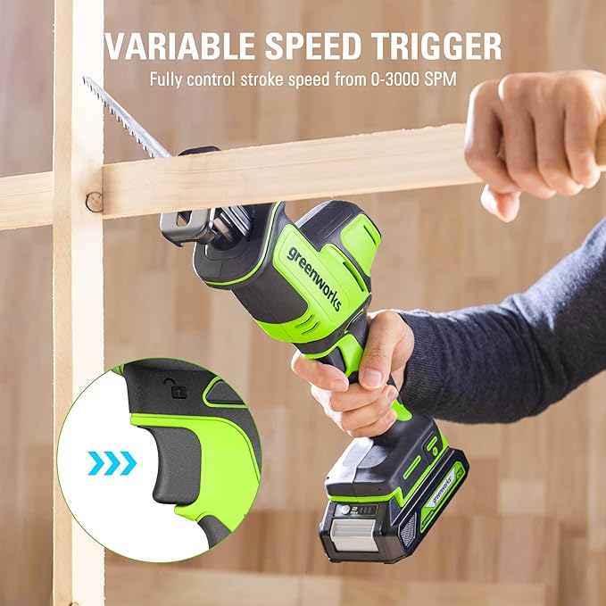 Greenworks 24V Brushless 1" Compact One-Handed Reciprocating Saw (3,000 SPM), Cordless Powered Variable Speed Recip Saw, 2.0Ah Battery and Compact Charger Included,‎ RSG404