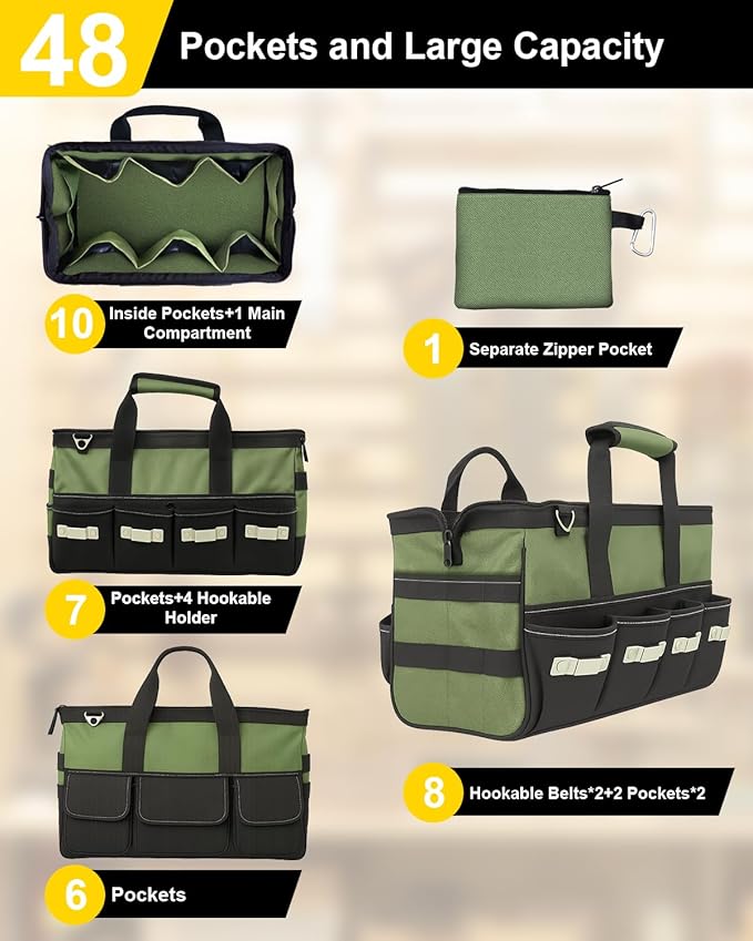 18 Inch Heavy Duty Tool Bag-48 Pockets,1680D Tear&Abrasion Resistant,Includes Tool Pouch,Tool Belt,Magnetic Wristband&Adjustable Shoulder Strap | Tool Organizer(Green)