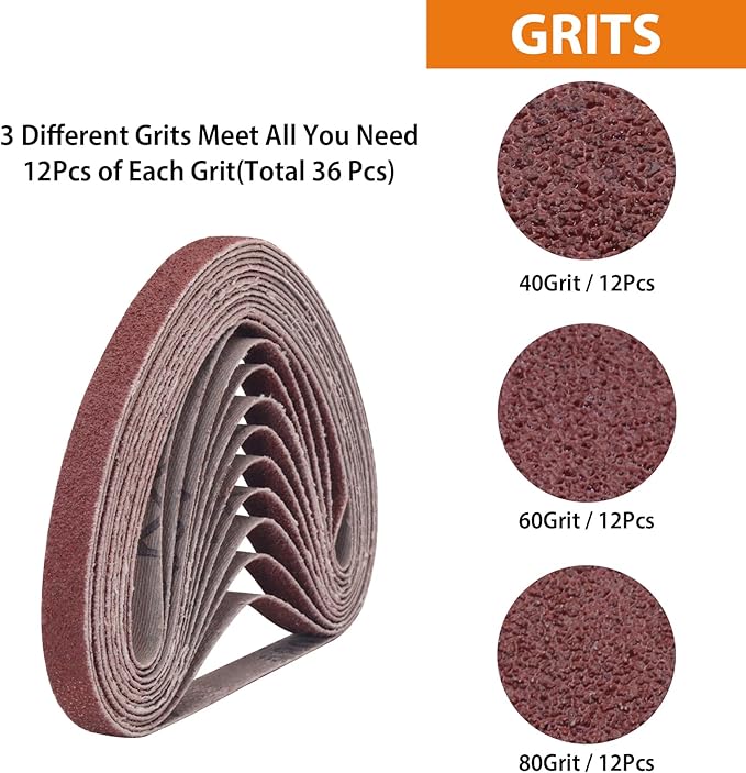 TAOKYID 36 Pack 3/8 x 13 Inch Sanding Belts for Air Belt Sander, 12Pcs Each of 40/60/80 Grits Abrasive File Belts for Woodworking, Metal Polishing, 3/8 inch x 13 inch Aluminum Oxide Sanding Belt