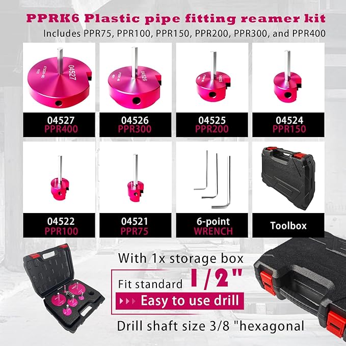 PVC Pipe Reamer Kit,04529 for PPRK6 Plastic Pipe Fitting Reamer,PVC Reed Pipe Reamer Contains 3/4",1",1-1/2",2",3",4" Aluminum Fit into Standard 1/2" Drill for CPVC, PPR or ABS