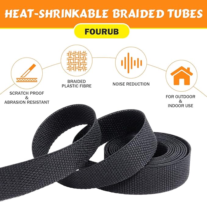 50% Ratio Heat Shrink Automotive Wire Loom Shrinkable Braided Sleeving Fabric Shrink Tubing Wear-Resistant Woven Wire Sheathing(3/8"-18ft)