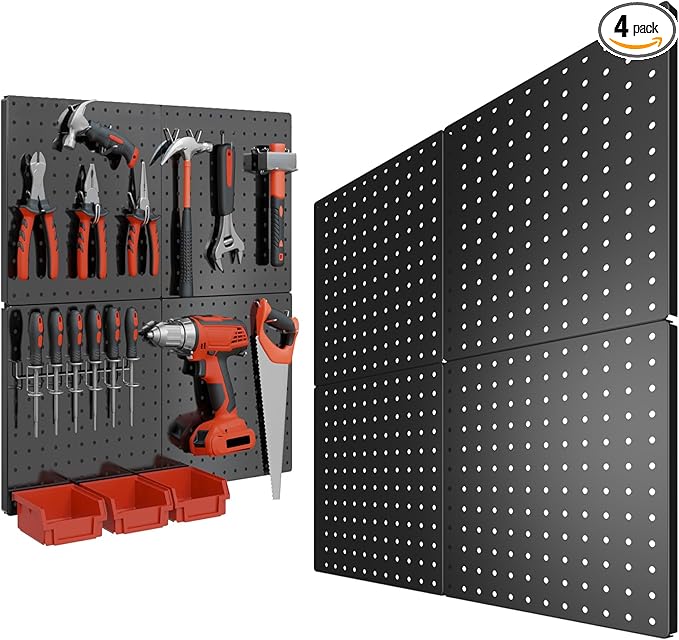 Peg Board, 4PCS Metal Pegboard, Heavy Duty Pegboard Wall Organizer with Frame. Black Pegboard for Walls, Garage, Workbench, Craft Room Tool Organization, Metal Pegboard Panels 12in*12in
