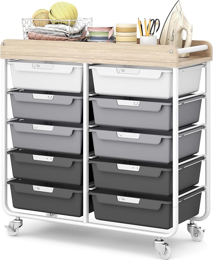 10 Drawers Rolling Cart with Wooden Tabletop, Utility Storage Cart with Wheels by APEXCHASER