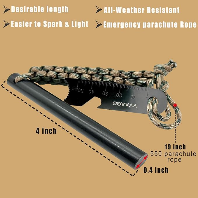 VVAAGG Flint and Steel Fire Starter Kit Survivor, 3/8" 1/2 inch Ferro Rods and Magnesium Rods with Paracord Handle
