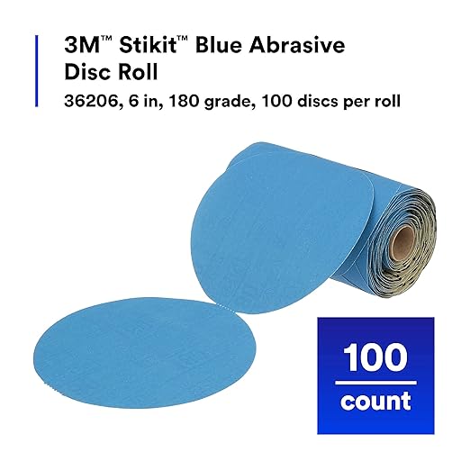 3M Stikit Blue Abrasive Disc Roll, 36206, No Hole, 6 in, 180+ Grade, Pack of 100, Automotive Sanding Discs for Coating Removal, Body Repair, Auto Sanding, Primer Sanding
