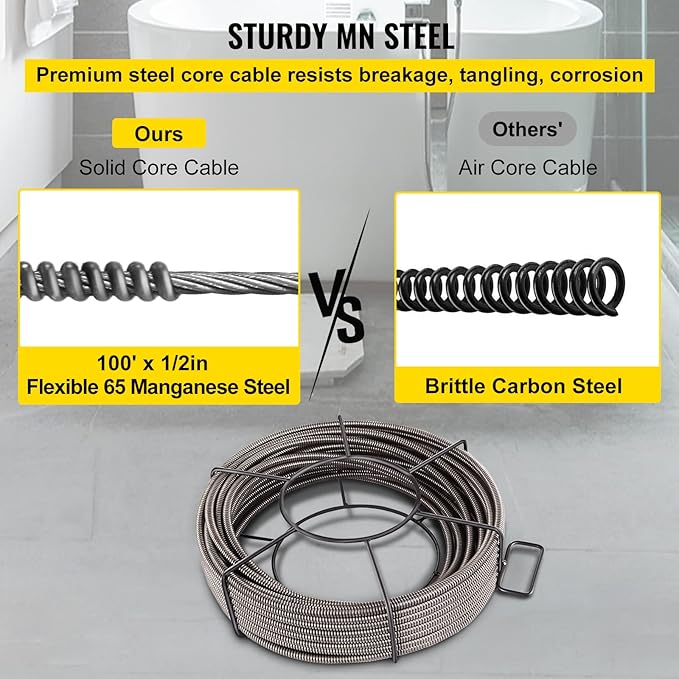 VEVOR Drain Cleaning Cable 100 ft x 1/2 inch Solid Core Cable Sewer Cable, Drain Auger Cable Cleaner, Snake Clog Pipe Drain Cleaning Cable W/Four Shapes of Cutters