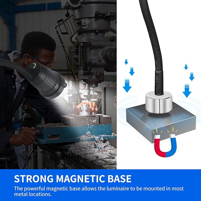 Magnetic Work Light, LED Work Light, with Flexible Gooseneck and Magnetic Base, Shop Tool Lamp for Lathe, Bandsaw, Work Bench, Sewing Machine, Industrial Lighting, 1200Lumens