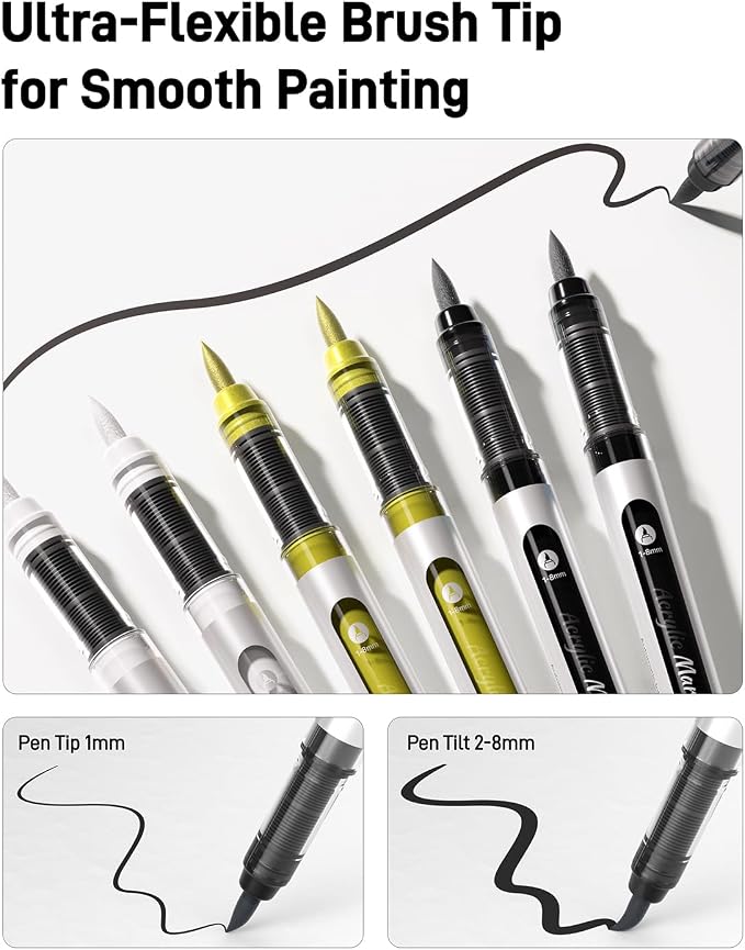 JusArt 3 Black Acrylic Paint Markers Brush Tip, Water-Based No-Bleed Markers - Image 2