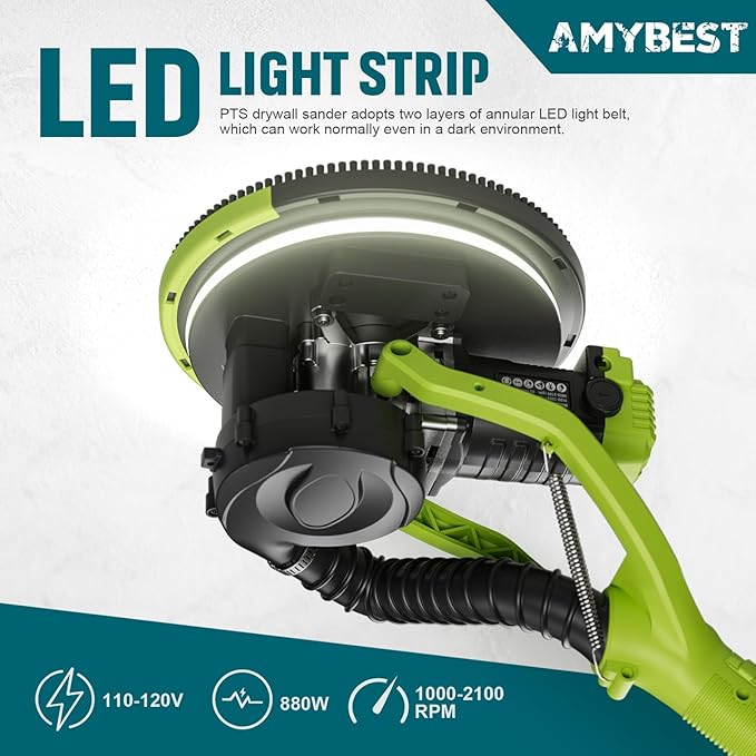 AMYBEST Drywall Sander, Powerful Electric Drywall Sander with Vacuum Dust Collection, 5 Speed 1000-2100 RPM, Popcorn Ceiling Remover, LED Light & 12 Sanding Discs, Extendable Handle (GREEN）