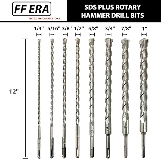 SDS Plus Drill Bits Set – 8pcs 12 Inch Concrete Masonry SDS Plus Drill Bit Set - Carbide Tipped - Rotary Hammer Drill Bits for Brick, Stone, Concrete