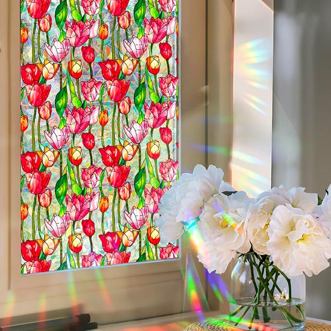 JOONOR Retro Tulip Flowers Window Privacy Film, Stained Glass Decals Colorful - Image 5
