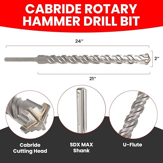 2 in X 24 in SDS MAX Bits, Rotary Hammer Drill Bits, Carbide Drill Bits, Masonry Drill Bits for Concrete, Stone and Brick, SDS MAX Hammer Double Flute, Masonry Drill Bit, Concrete Drill Bit