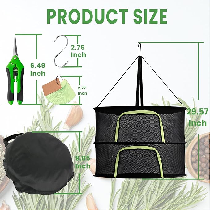 2 Layer 24" Herb Drying Rack Hanging with Garden Pruning Shears, Large Zipper, Hook & Notepad, Foldable Drying Rack for Herbs, Spices & Seasonings, Hanging Herb Dryer Indoor Outdoor