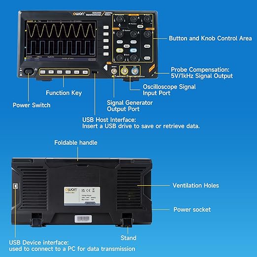 OWON Oscilloscope, OWON SDS220S Digital Oscilloscope 200MHz Bandwidth 2+1 Channel 1GSa/s Sample Rate with 25MHz Waveform Generator 7 inch LCD Display