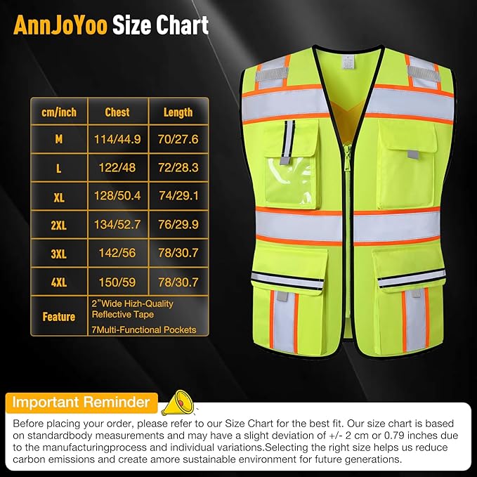 Class 2 Safety Vest with Zipper Front and multiple Pockets, High Visibility Vest, Meets ANSI/ISEA Standards