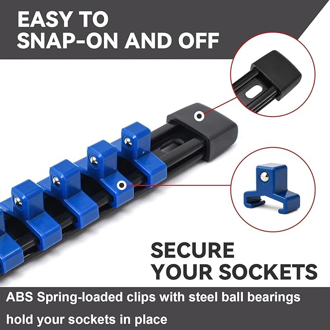 ALOANES 6 PC ABS Socket Organizer, 3/8 inch, Drive Socket Rail Holders, Heavy Duty Socket Racks, Black Rails with Blue Clips
