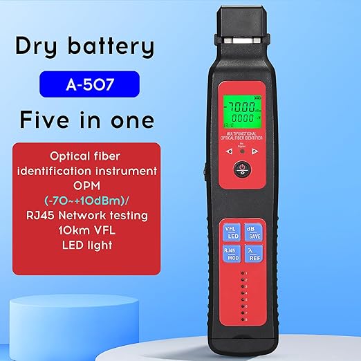 L-507 Live Fiber Optic identifier with Optical Fiber Power Meter -70+~10dbm 5-in-1 Function OPI OPM VFL 10KM RJ45 Network Tester LED Fiber Optic Cable identifier Single Mode/Multi Mode