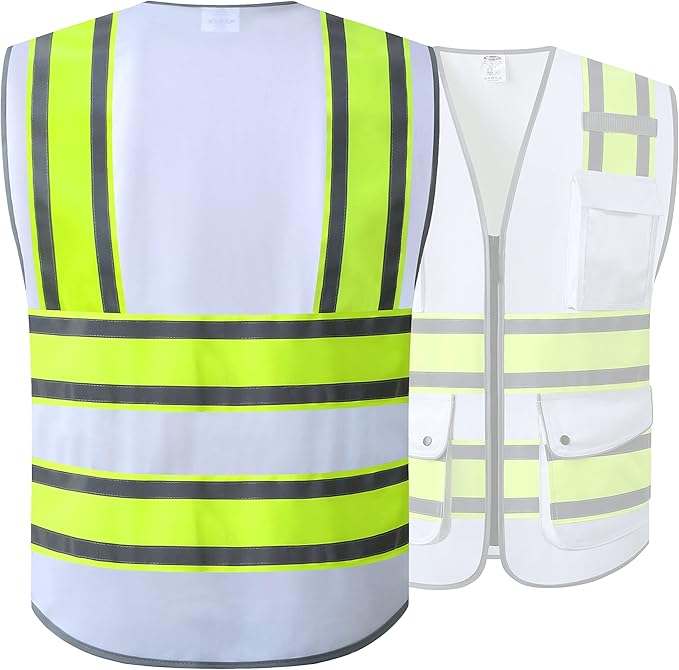 JKSafety 9 Pockets High Visibility Zipper Front Safety Vest | White with Dual Tone High Reflective Strips | Meets ANSI/ISEA Standards (901-White, X-Large)