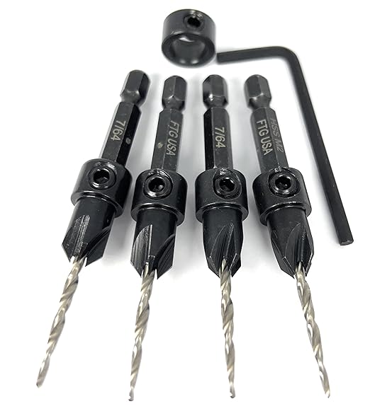 FTG USA Countersink Drill Bit Set 4 Pc #4 (7/64") Wood Bit, Tapered Bit, Stop Collar, Hex Wrench for Woodworking