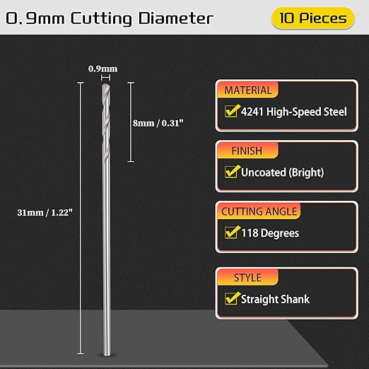 Drill Bit, 0.9mm Cutting Diameter, 4241 HSS 118° Cutting Angle Uncoated Bright Versatile Jobber Bits - (Applications: for Drilling Plastic Wood Soft Metal), 10-Pieces