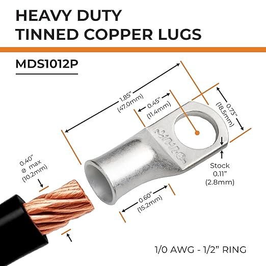 SELTERM 2pcs 1/0 AWG 1/2" Stud Tinned Copper Wire Lugs, Ring Terminals, Battery Cable Ends, 0 Gauge Ring Terminal Connectors, UL Marine Grade Electrical Terminal Connectors