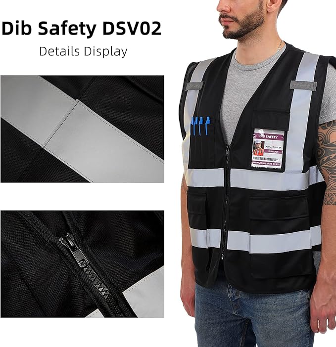 Dib Safety Reflective Vest High Visibility with Pockets and Zipper, Black 4XL