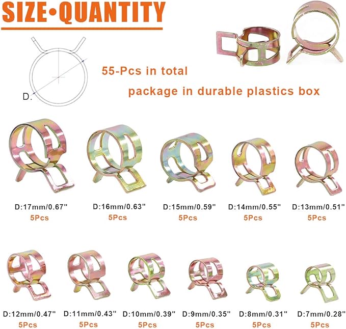 55Pcs Spring Band Type Action Fuel Line Silicone Vacuum Hose Pipe Clamp Low Pressure Air Clip Clamps Fasteners Assortment Kit (5 x 7mm 8mm 9mm 10mm 11mm 12mm 13mm 14mm 15mm 16mm 17mm)