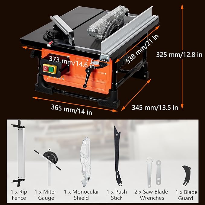 8-inch Table Saw for Jobsite, 6.7-Amp Copper Motor, Cutting Speed up to 3576RPM, 24T Blade, Compact Portable Table Saw Kit, with Sliding Miter Gauge DIY Woodworking and Furniture Making, Orange