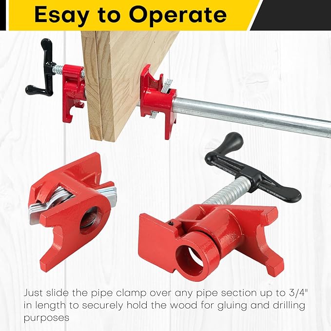 3/4" Wood Gluing Pipe Clamp Set | Professional Woodworking and Metalworking Clamps Tools with Unique Foot Design for Frame Assembly, Quick Release and Precision Gluing (4Pack, 3/4")