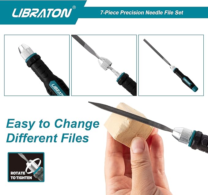 LIBRATON Needle File Set Interchangeable, Small Mini Wood Metal Files, 6PCs Steel With Handle for Precision Work, Woodworking, Plastic Carving, Craft Tool