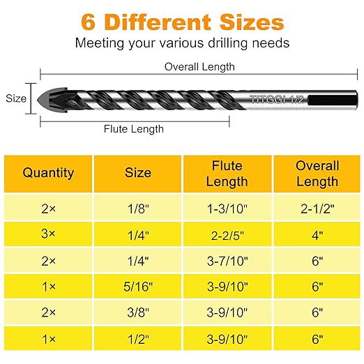Masonry Drill Bit Set & Carbide Drill Bits, Extension Professional Drill Bit Set (11PCS) for Glass/Brick/Plastic/Cement/Wood/Tile/Etc, Industrial Strength Carbide Drill Bit Tip, 1/8"-1/2" by TITGGI