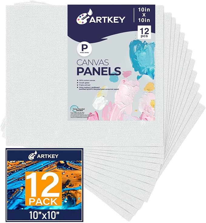 Canvas Panels 10x10 Inch 12-Pack, 10 oz Primed 100% Cotton White Blank Small by Artkey