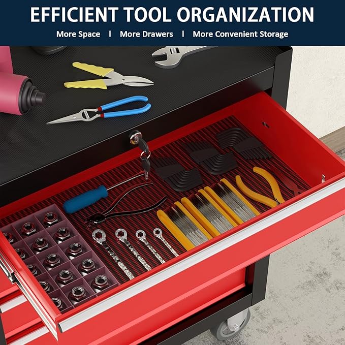 5-Drawer Metal Rolling Tool Chest with Wheels,Tool Storage Cabinet with Locking System，Toolbox with Wheels for Garage, Warehouse, Workshop, Repair Shop (Black&red, 5-Drawer)