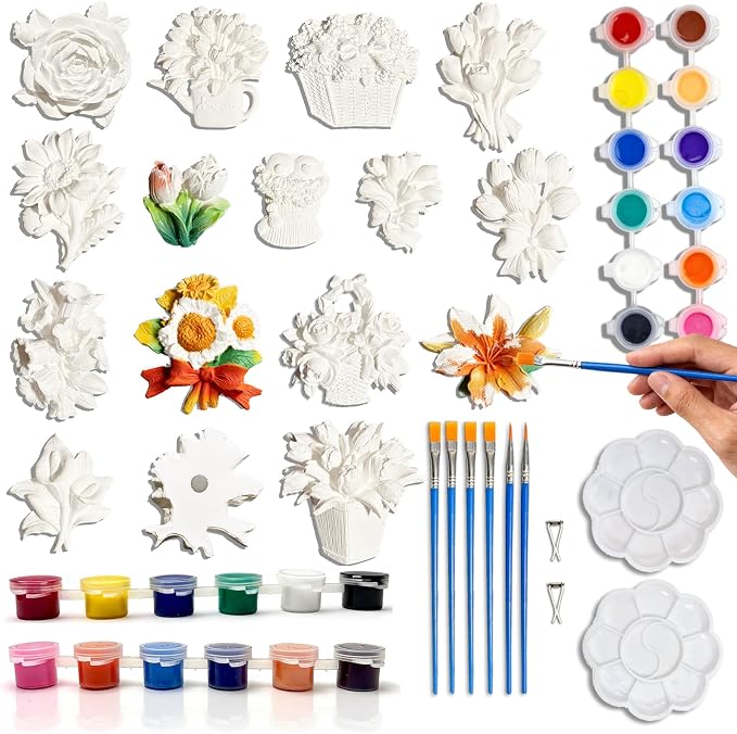 15 Pcs Plaster Painting Kit, Flower Magnet Craft Kit by HuiBeans