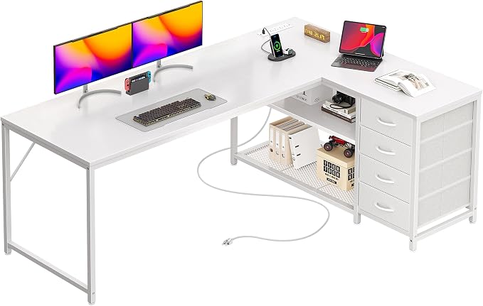 PRAISUN 61" L Shaped Desk with Power Outlets & USB-C Port, Reversible Computer by PRAISUN
