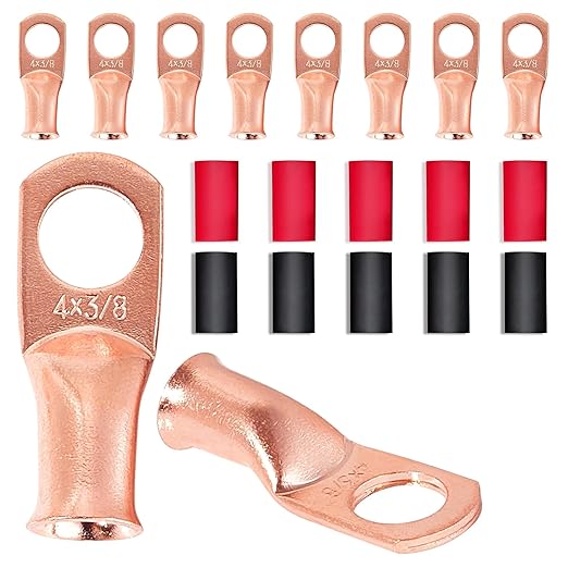 RED WOLF Ring Wire Terminals Copper 4 AWG 3/8" Stud Battery Cable Lugs Copper Connector 10PCS, W/3:1 Heat Shrink Tubing Marine Grade for Electrical Automotive Cable Wire Wrap Connection