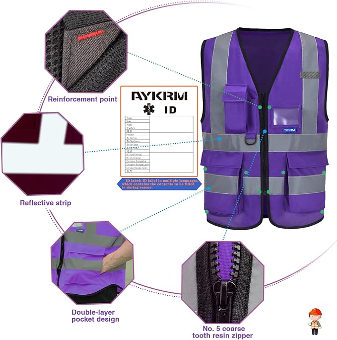 A-SAFETY Purple Reflective Safety Vest - Workwear with 7 Pockets, Hi Vis, Durable, 4 Lower Pockets