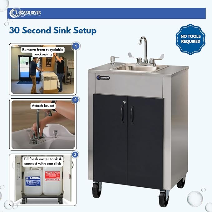 Ozark River Portable Sinks Elite LS1, Free Standing Portable Concession Sink, Commercial Restaurant Portable Sink with Hot Water, Stainless Food Service Sink, Black Doors-Black Edges