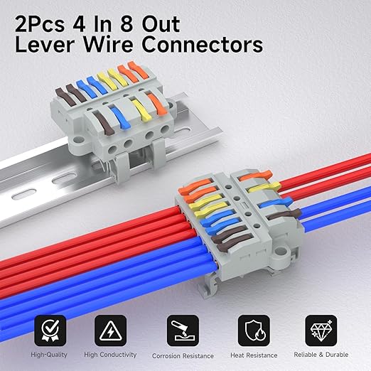 2Pcs Lever Wire Connectors, 4 in 8 Out, Push-in, Quick Wiring DIN Terminal Blocks, 0.7-2.5(4) mm², 600V 32A, 24Pcs Wire Ferrules Terminals & 4.72 Inch DIN Rail Included