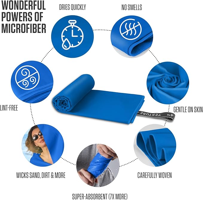 VENTURE 4TH Quick Dry Towel. Microfiber Travel Towel Ideal for Camping, Hiking, Backpacking, Gym. Lightweight & Fast Drying Travel Towels for Body. Compact & Easy to Pack - Blue Medium