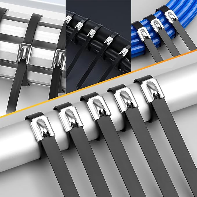 Stainless Steel Cable Tie Gun Set, with 150PCS Black Metal Zip Ties (50 Each of 7.8, 9.8, 11.8 Inch), Adjustable Fastening Cutting Tie Tool Sets for Fencing, Exhaust Pipes, Automotive