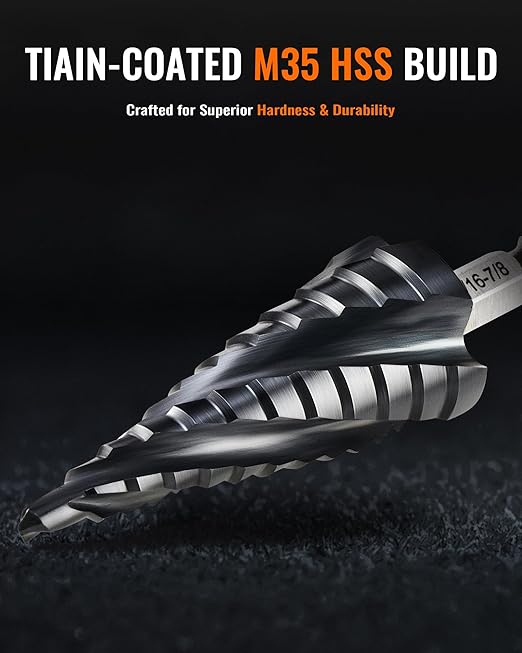 ZELCAN 12 Sizes M35 Cobalt Step Drill Bit, 3/16" to 7/8" Four Spiral Flute Step Drill Bit for Metal, Titanium-Coated HSS Step Bit with 1/4" Hex Shank for Stainless Steel Aluminum Copper Wood Plastic