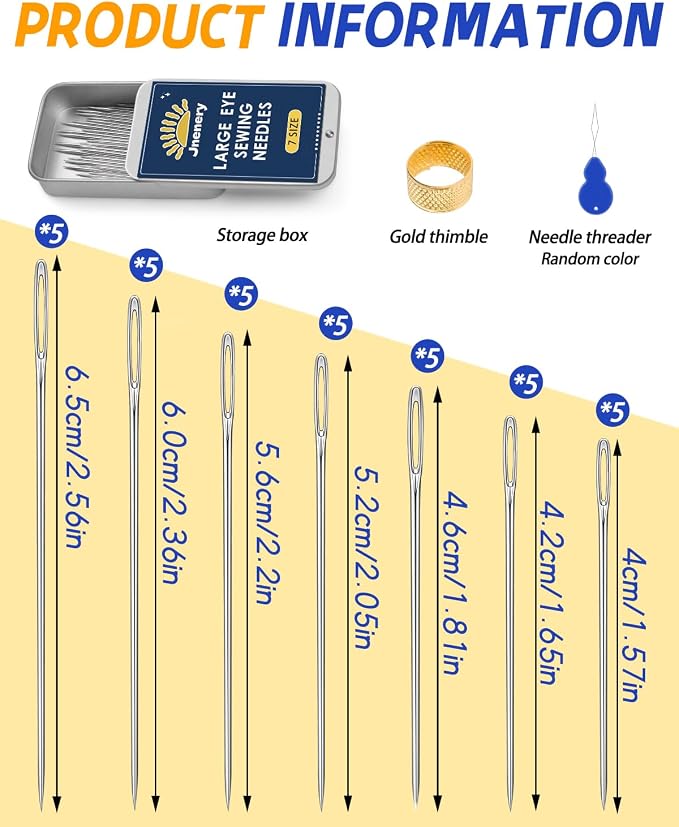 Jnenery Large Eye Sewing Needles, 7 Sizes Stainless Steel Needles - Image 2